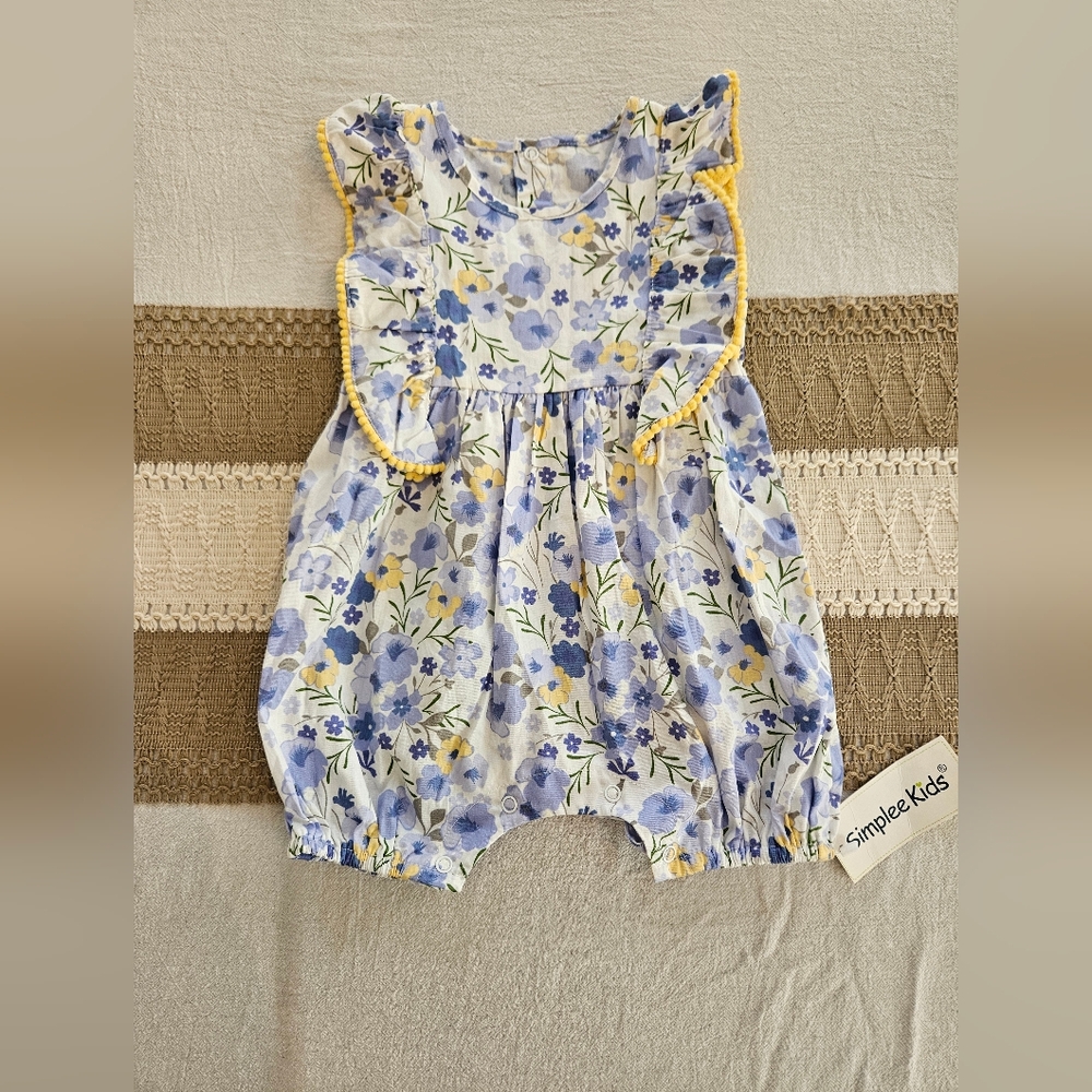 Simplee Kids Floral Blue and Yellow Kids Romper Sz 9-12M - Picture 2 of 3